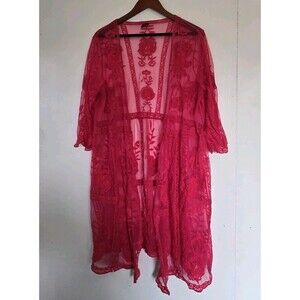 Lane Bryant Top Womens 10/12 Red Sheer Lace Open Tunic Floral Rose Boho Fairy